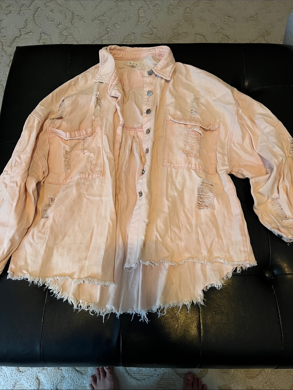 POL Oversized Distressed Light Pink Denim Jacket